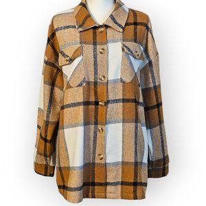Shein Black White Orange Gold Plaid Shirt Jacket Shacket.  US Size L.